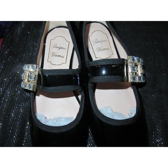 MARY JANE BLACK PATENT RHINESTONE EMBELLISHED BUCKLE LOLITA LOAFERS FLATS SZ 7 - Picture 2 of 10